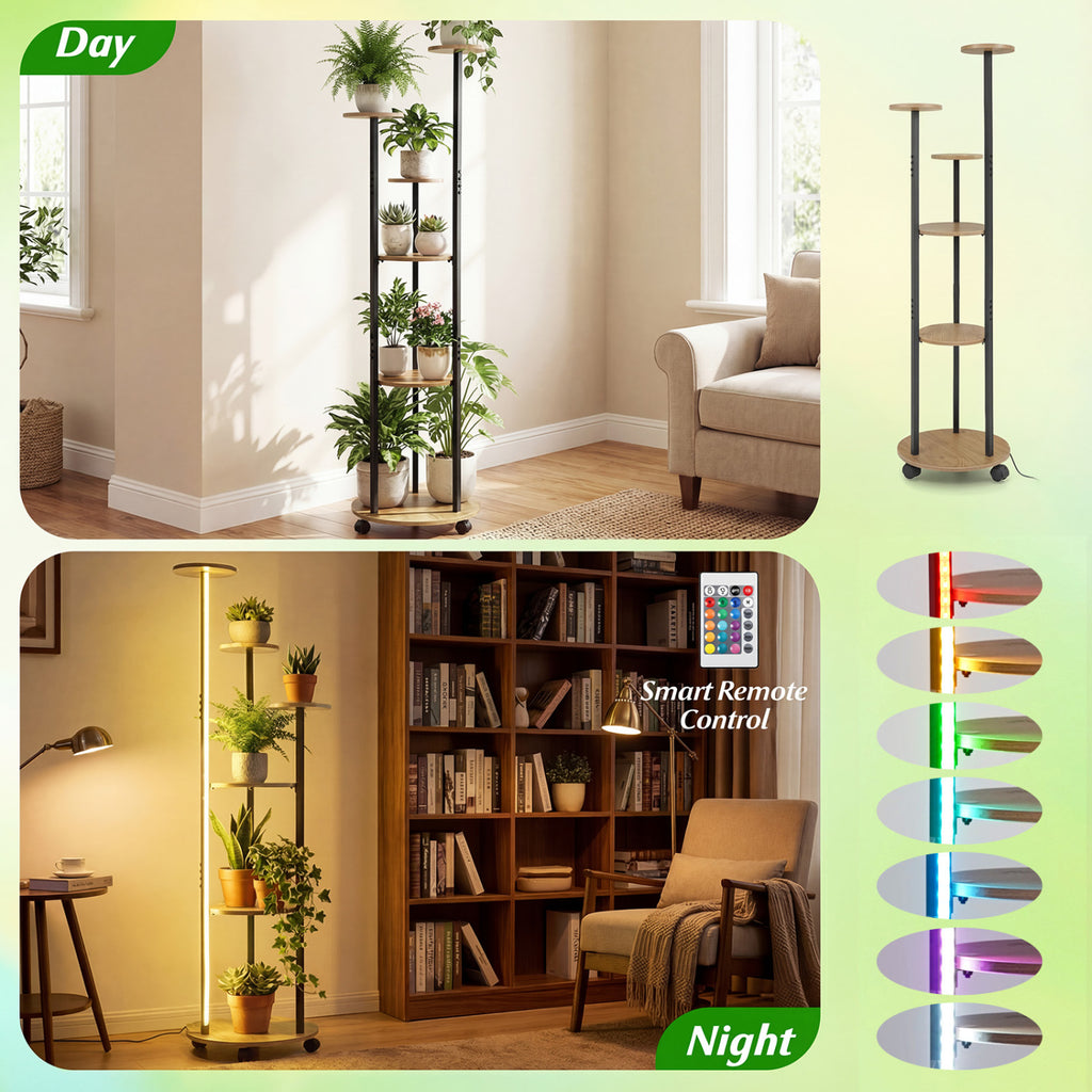 6-Tier Plant Stand with RGB Light and Wheels, 57in - Natural