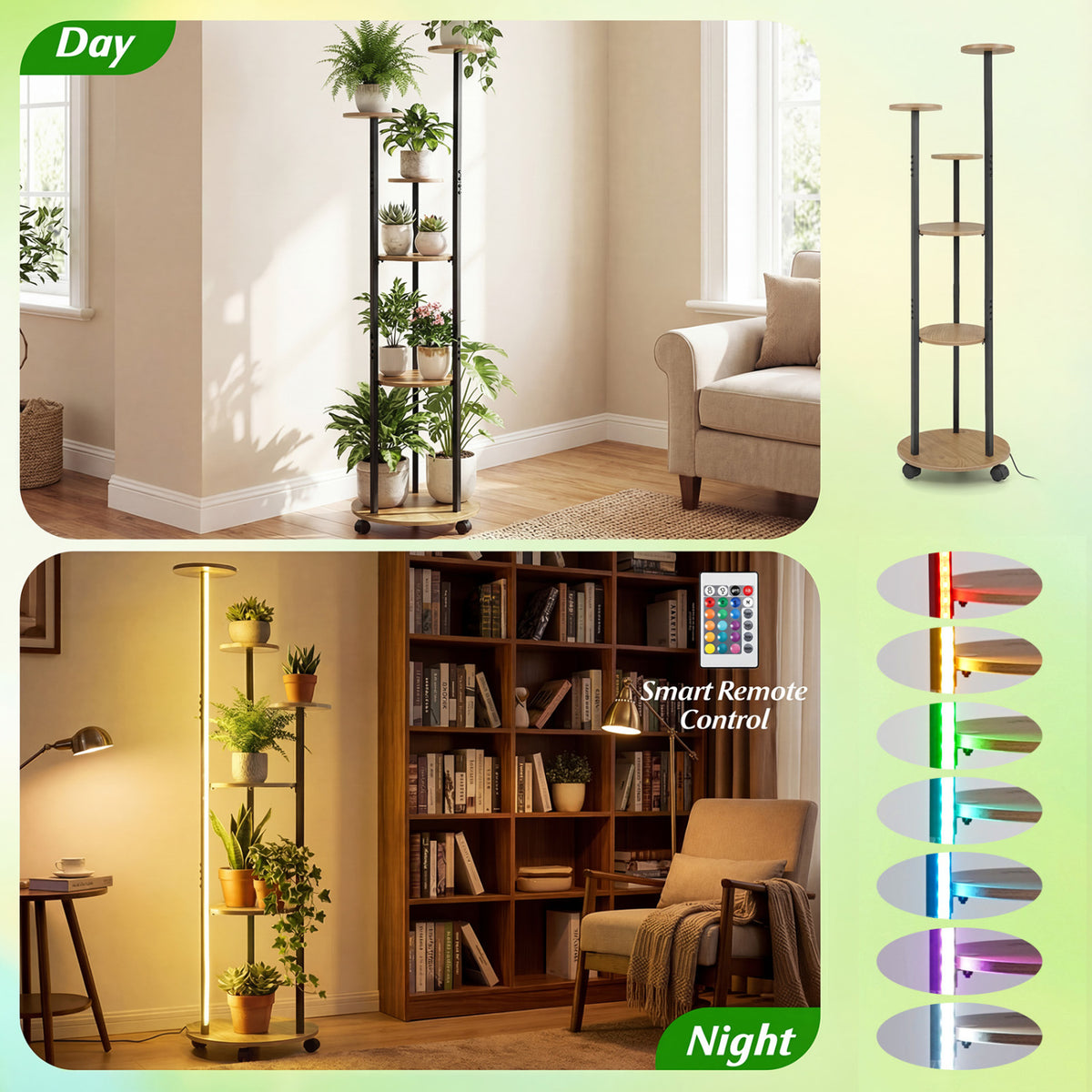 6-Tier Plant Stand with RGB Light and Wheels, 57in - Natural
