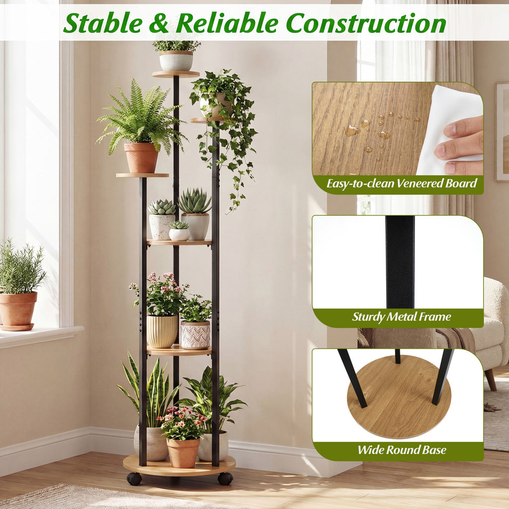 6-Tier Plant Stand with RGB Light and Wheels, 57in - Natural