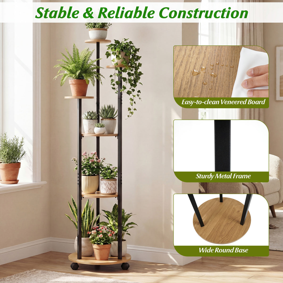 6-Tier Plant Stand with RGB Light and Wheels, 57in - Natural