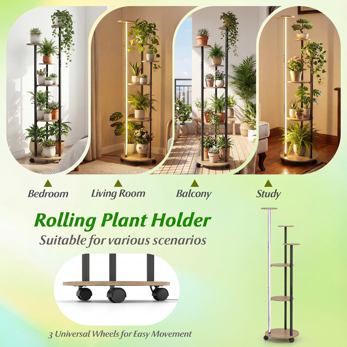 6-Tier Plant Stand with RGB Light and Wheels, 57in - Natural
