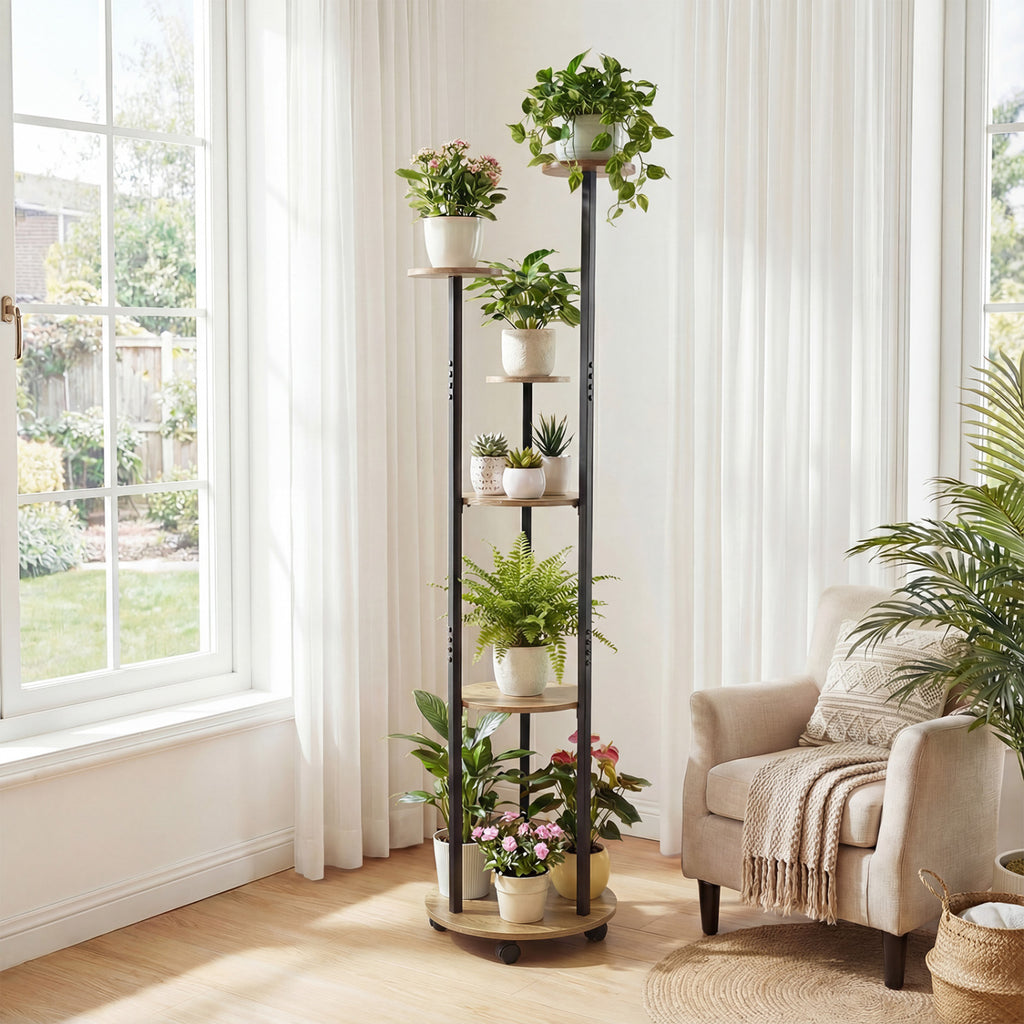 6-Tier Plant Stand with RGB Light and Wheels, 57in - Natural