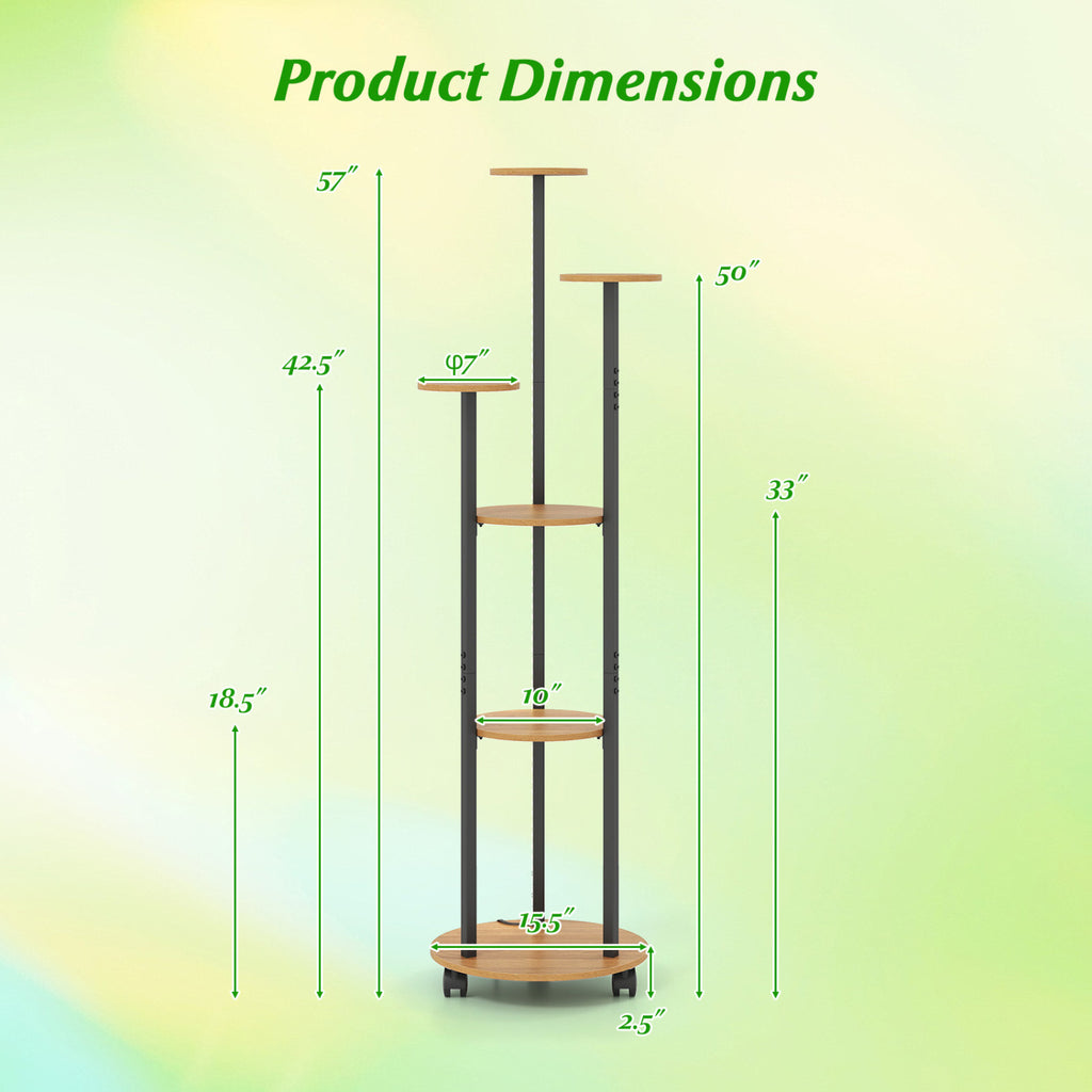 6-Tier Plant Stand with RGB Light and Wheels, 57in - Natural
