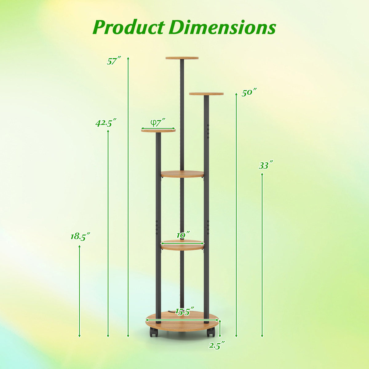 6-Tier Plant Stand with RGB Light and Wheels, 57in - Natural