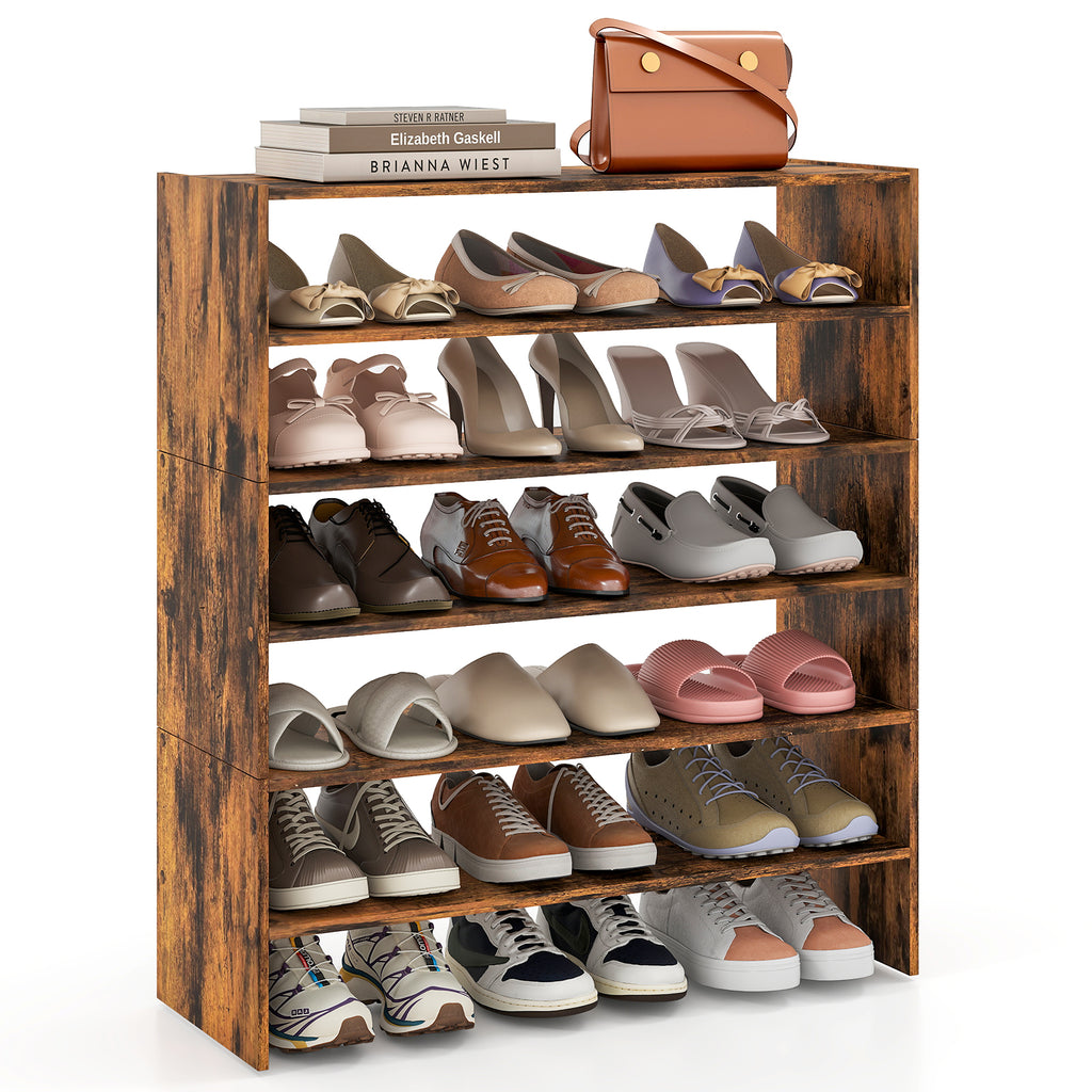 5-Tier Shoe Rack with Wall-Mounted Coat Hanger - Brown