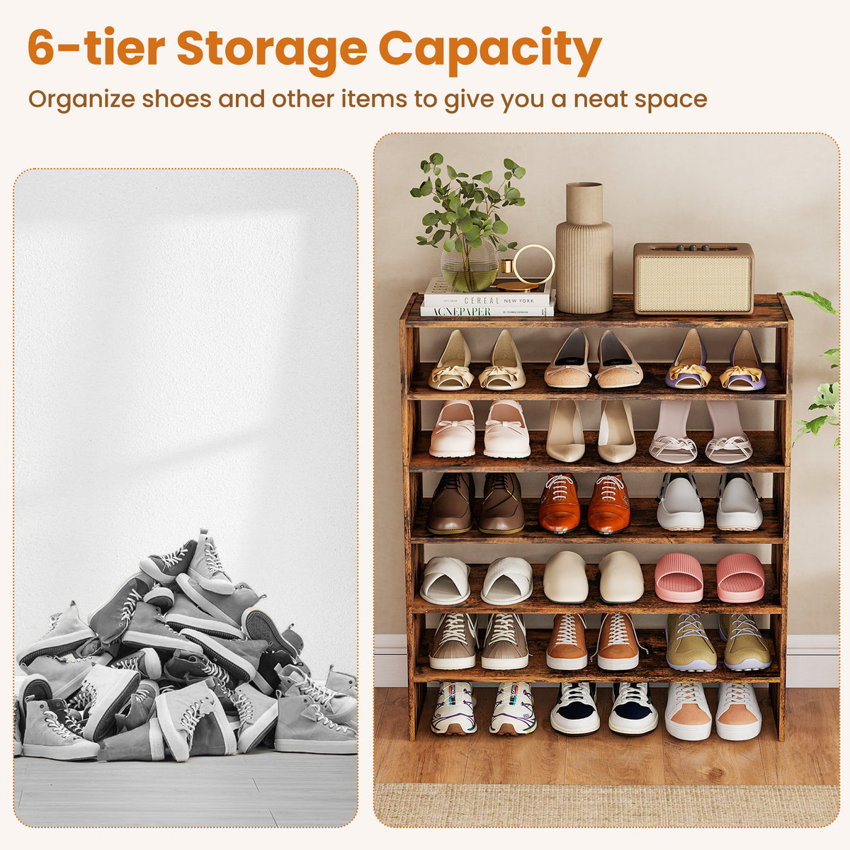 6-Tier Shoe Rack with Anti-Tipping Device, Rustic Brown