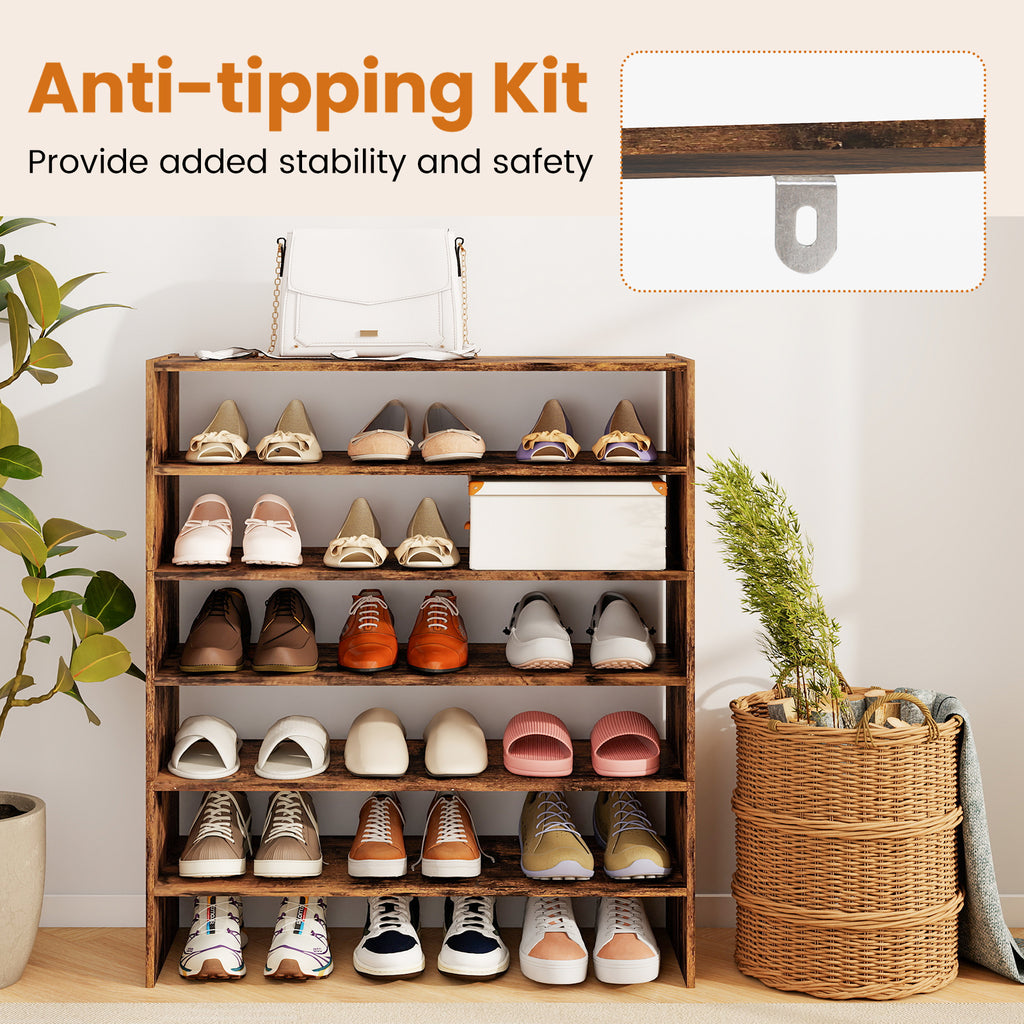 6-Tier Shoe Rack with Anti-Tipping Device, Rustic Brown