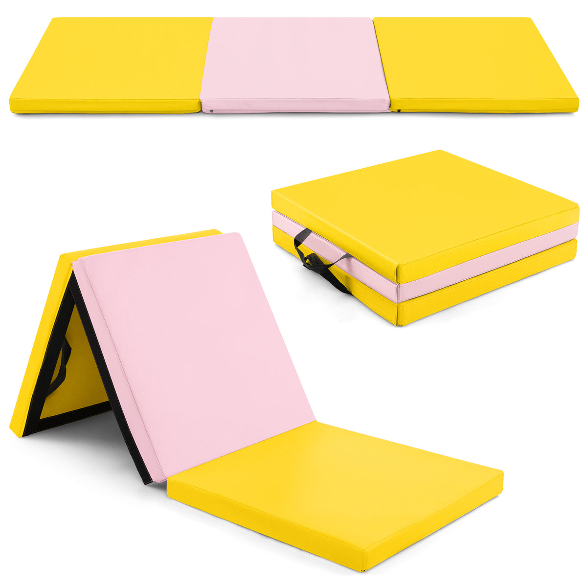 Tri-Fold Gym Mat with Handles & Removable Cover - Yellow, 2FT x 6FT