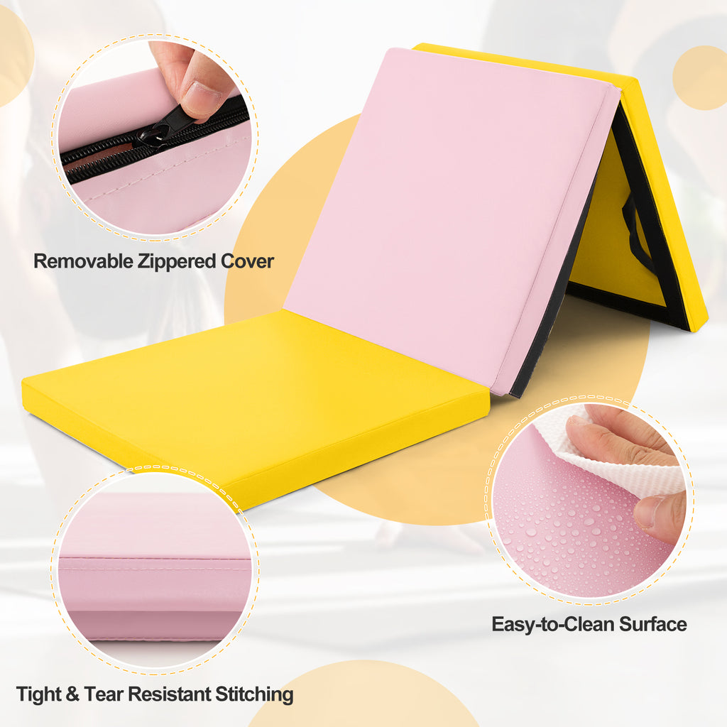 Tri-Fold Gym Mat with Handles & Removable Cover - Yellow, 2FT x 6FT
