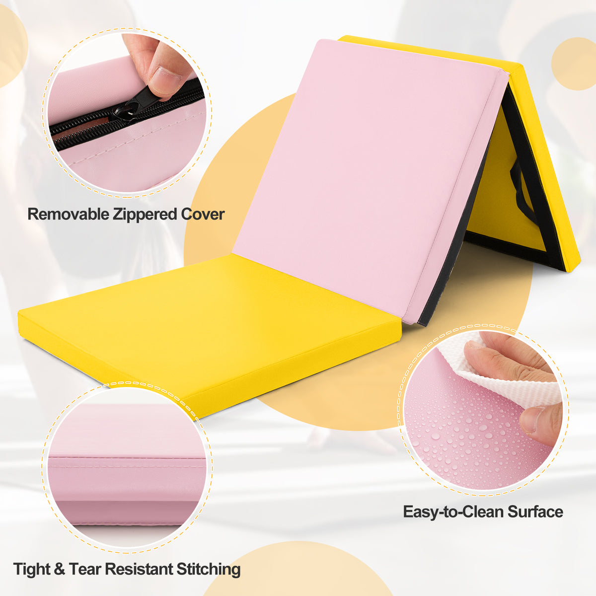 Tri-Fold Gym Mat with Handles & Removable Cover - Yellow, 2FT x 6FT