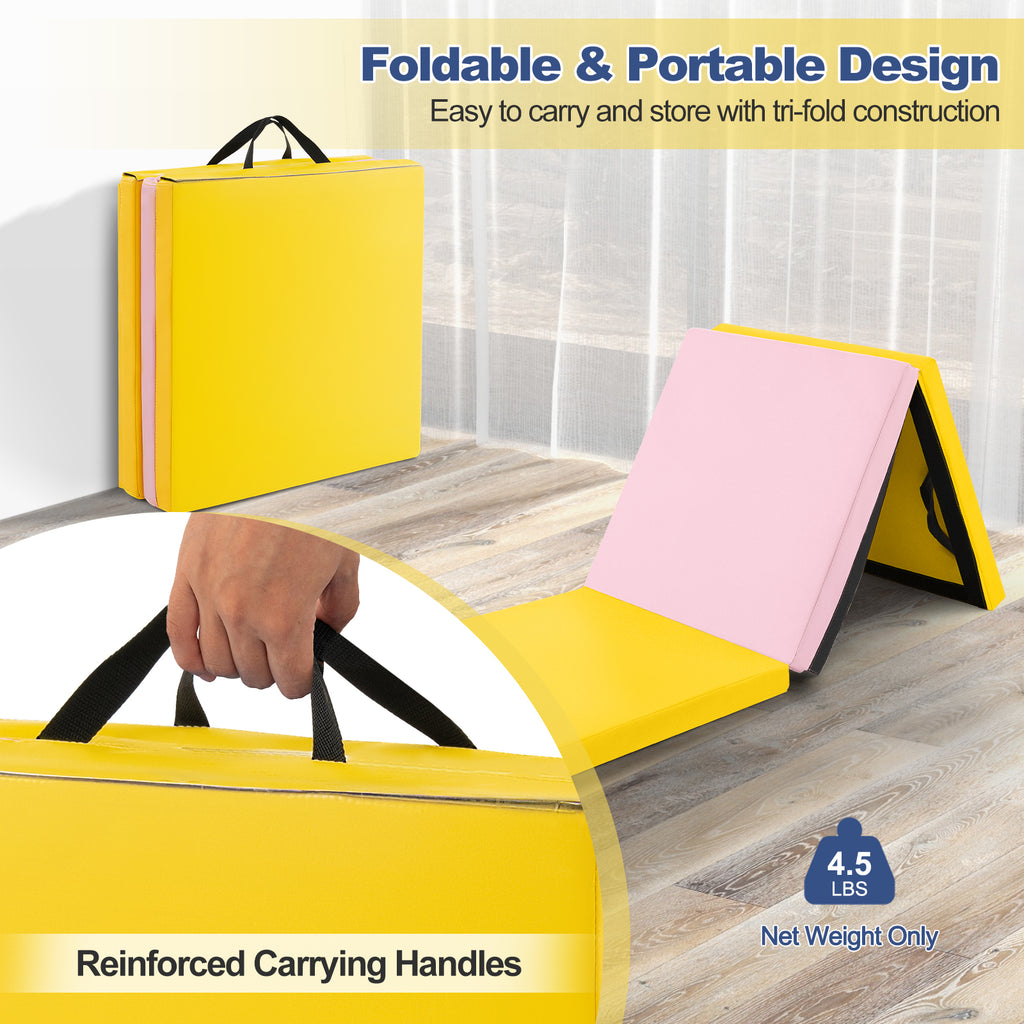 Tri-Fold Gym Mat with Handles & Removable Cover - Yellow, 2FT x 6FT