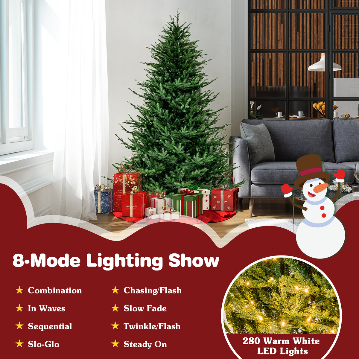 6/7 Feet Pre-lit Christmas Tree with 280 Warm White LED Lights & 8 Lighting Modes