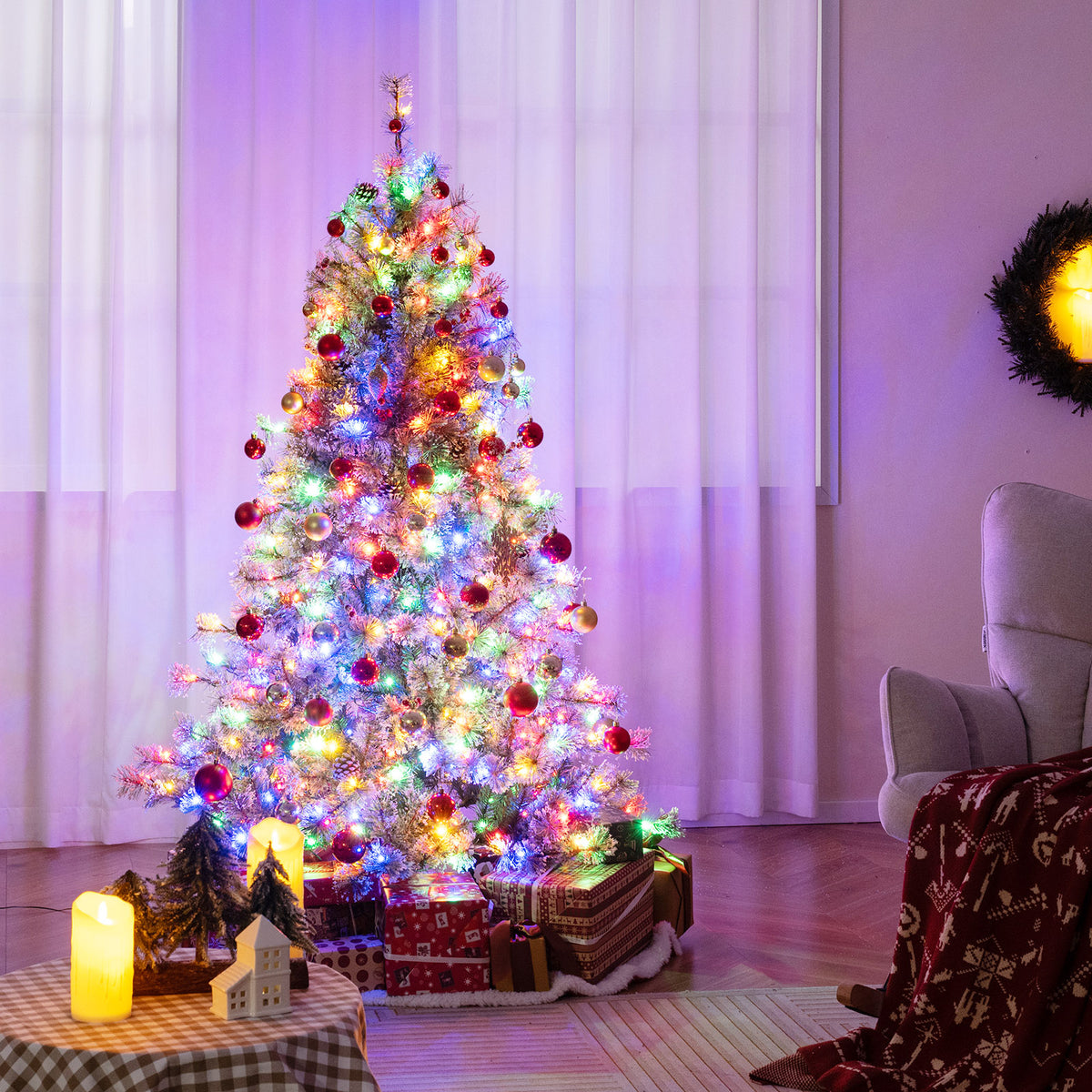 6 Ft Artificial Christmas Tree Pre-Lit Hinged Holiday Tree with Quick Power Connector