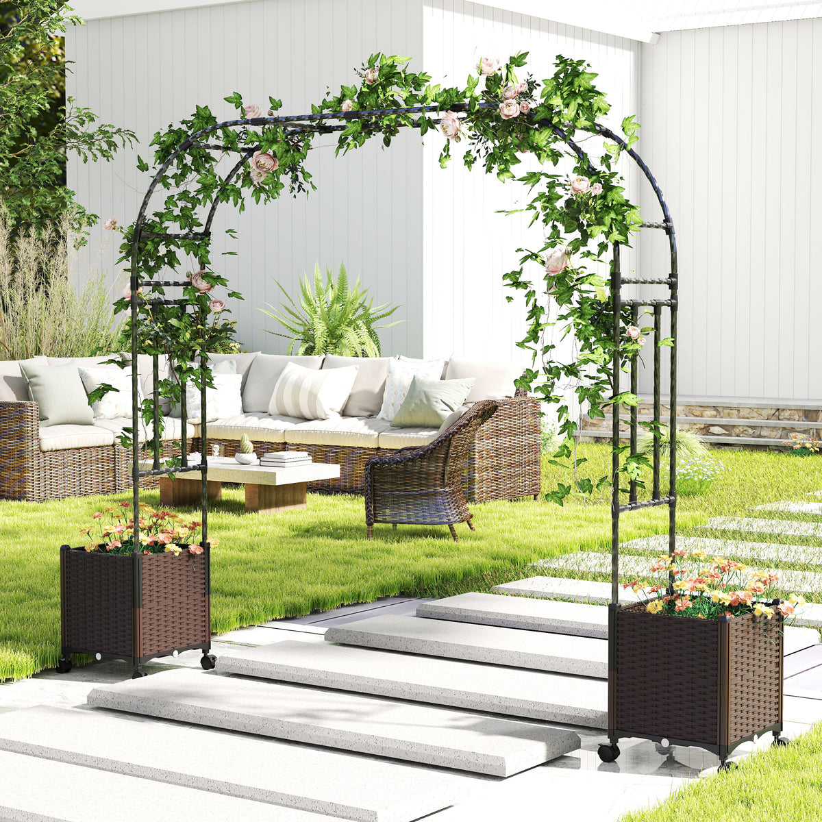 6.6 Feet Garden Arch Trellis with 2 Planter Boxes and Lockable Wheels