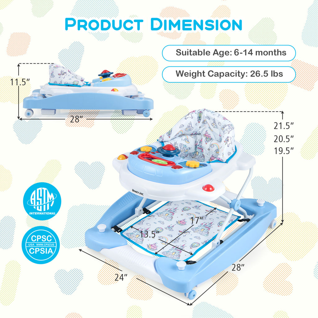6-in-1 Foldable Baby Walker with Adjustable Height and Music Tray - Blue