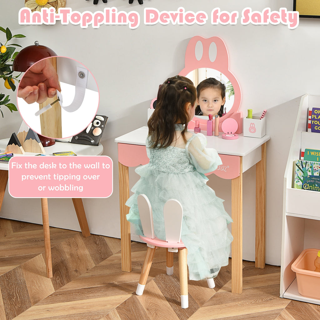 Kids Rabbit Vanity Table Chair Set with Mirror & Drawer - White