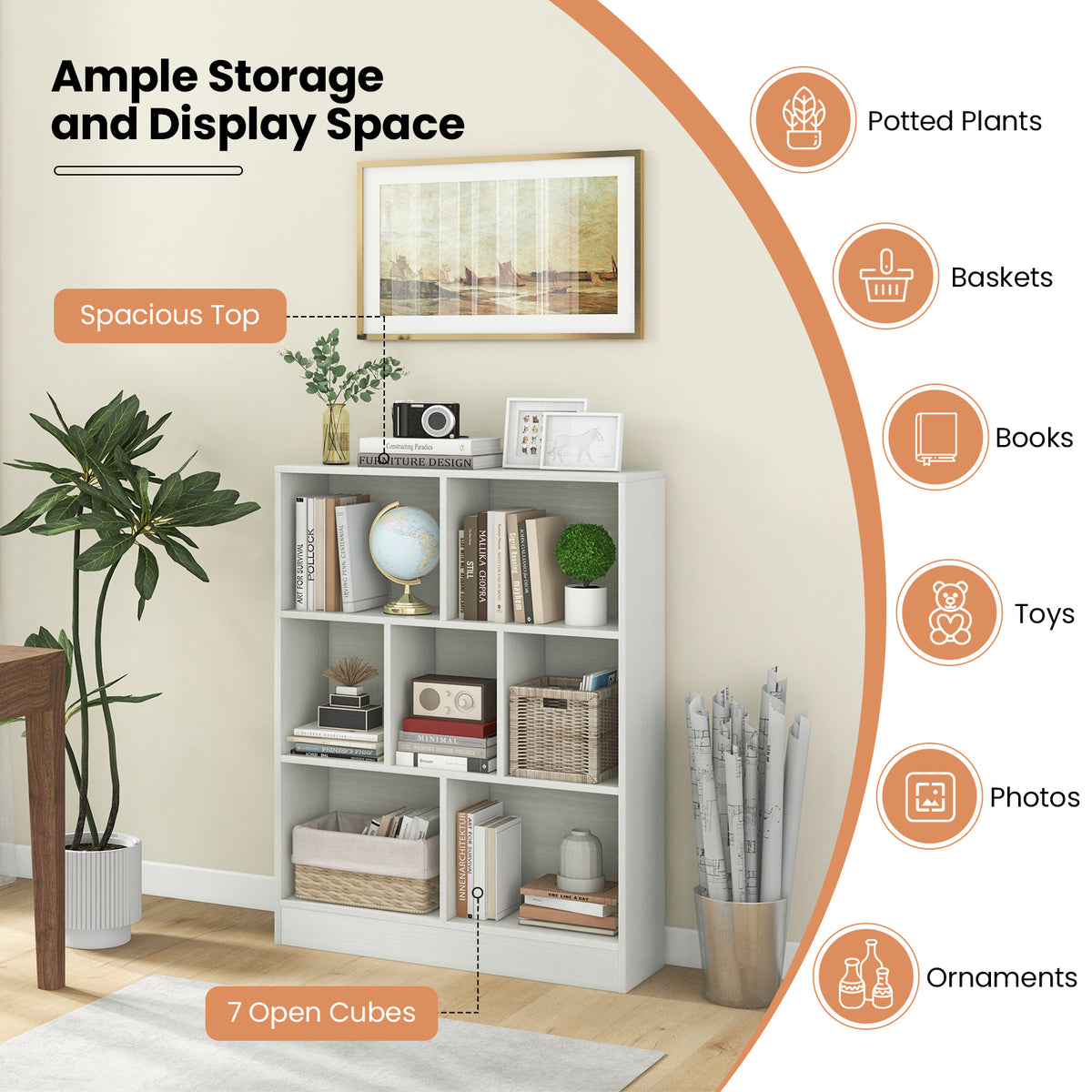 Kids 7-Section Freestanding Bookshelf with 7 Cubes - White, Nursery & Classroom Storage