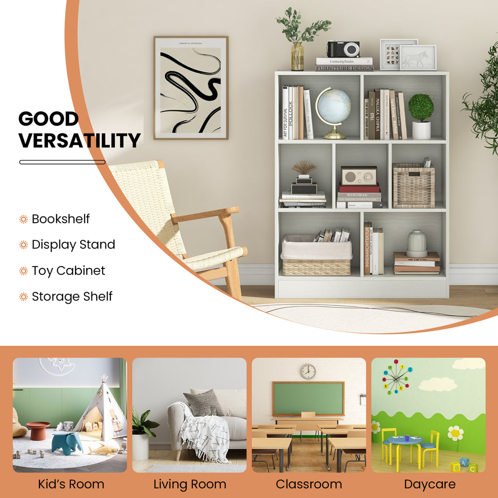Kids 7-Section Freestanding Bookshelf with 7 Cubes - White, Nursery & Classroom Storage