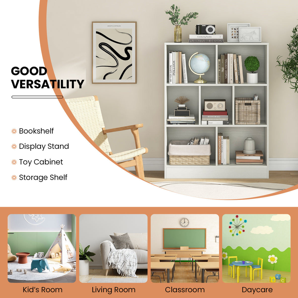 Kids 7-Section Freestanding Bookshelf with 7 Cubes - White, Nursery & Classroom Storage