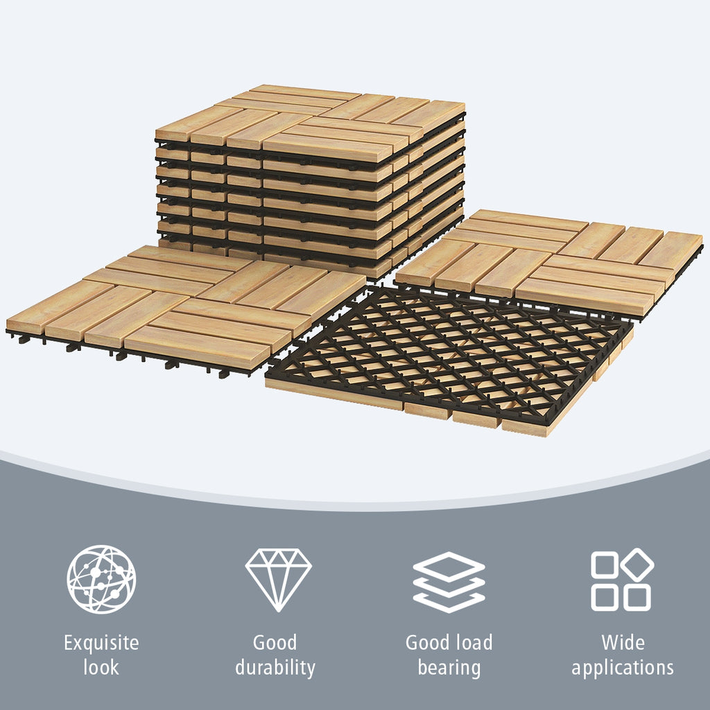 Checker Pattern Acacia Wood Interlocking Deck Tiles - 12x12 Inch, 10 Pack