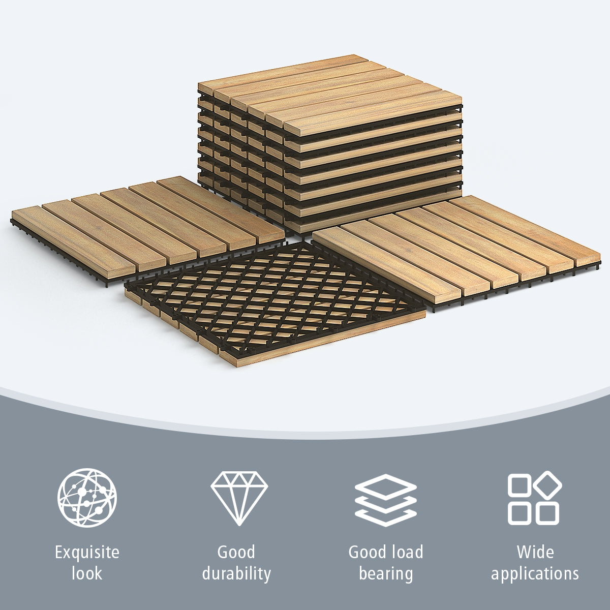 Interlocking Acacia Wood Floor Tiles - Stripe Pattern, 10 Pack, 12x12 Inch