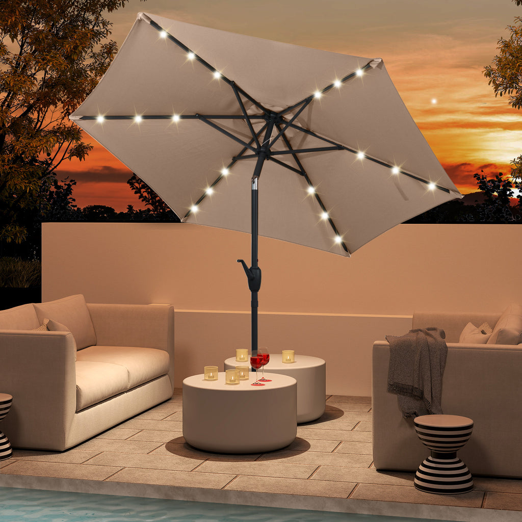 7.5 Ft Solar Patio Umbrella with LED Lights & Crank Handle - Tan