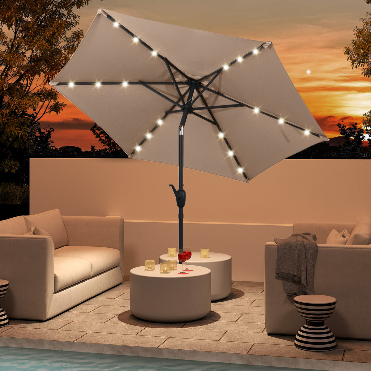 7.5 Ft Solar Patio Umbrella with LED Lights & Crank Handle - Tan