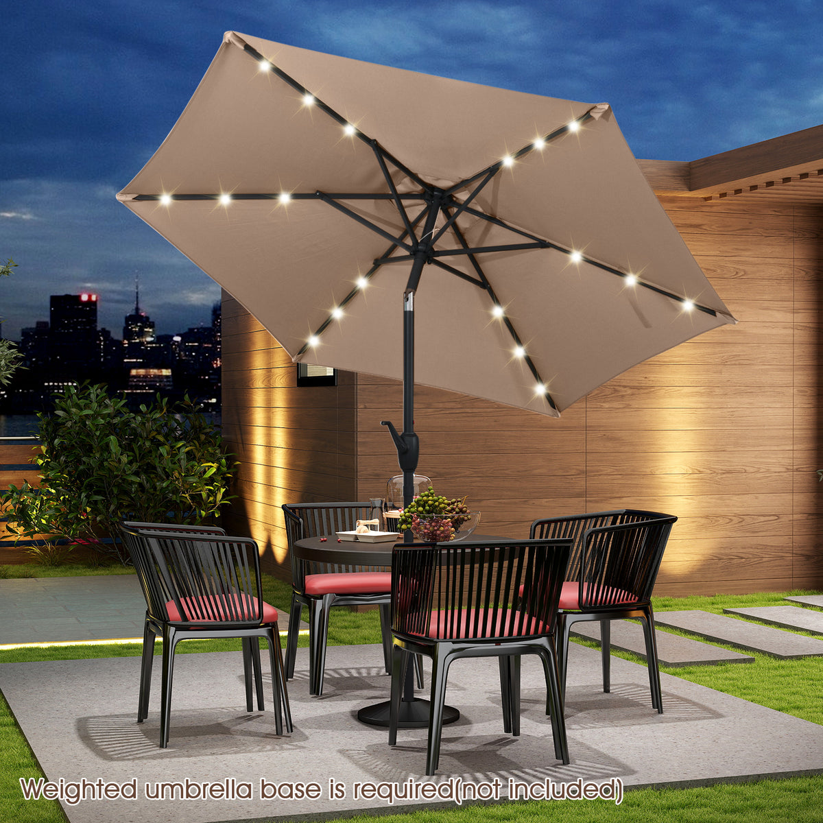 7.5 Ft Solar Patio Umbrella with LED Lights & Crank Handle - Tan