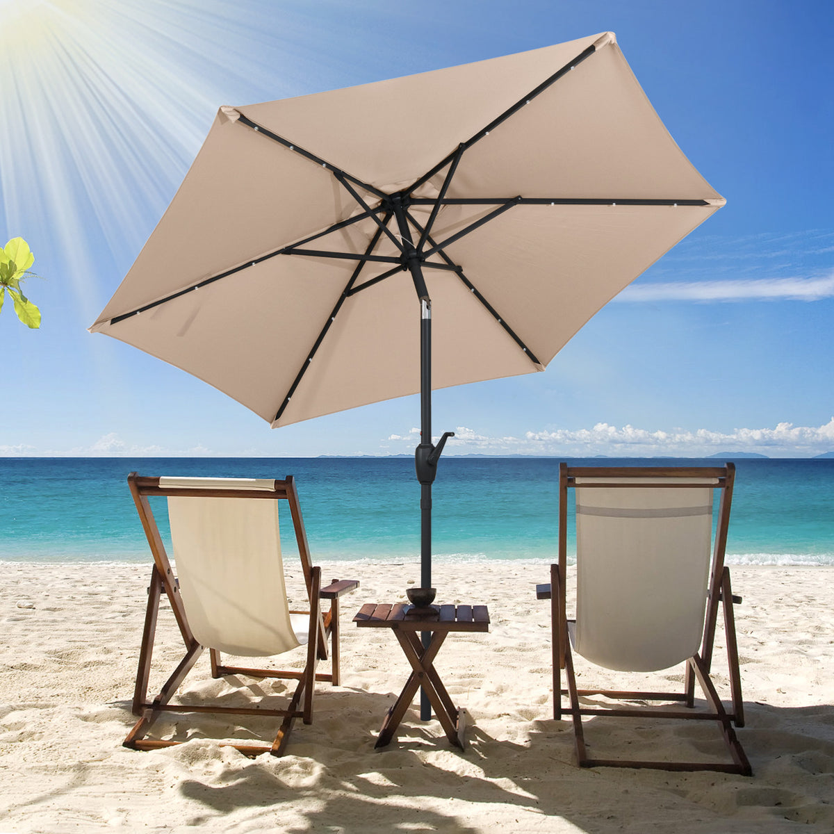7.5 Ft Solar Patio Umbrella with LED Lights & Crank Handle - Tan