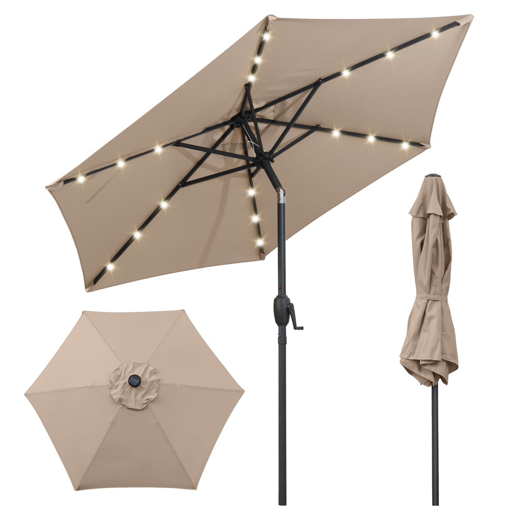 7.5 Ft Solar Patio Umbrella with LED Lights & Crank Handle - Tan