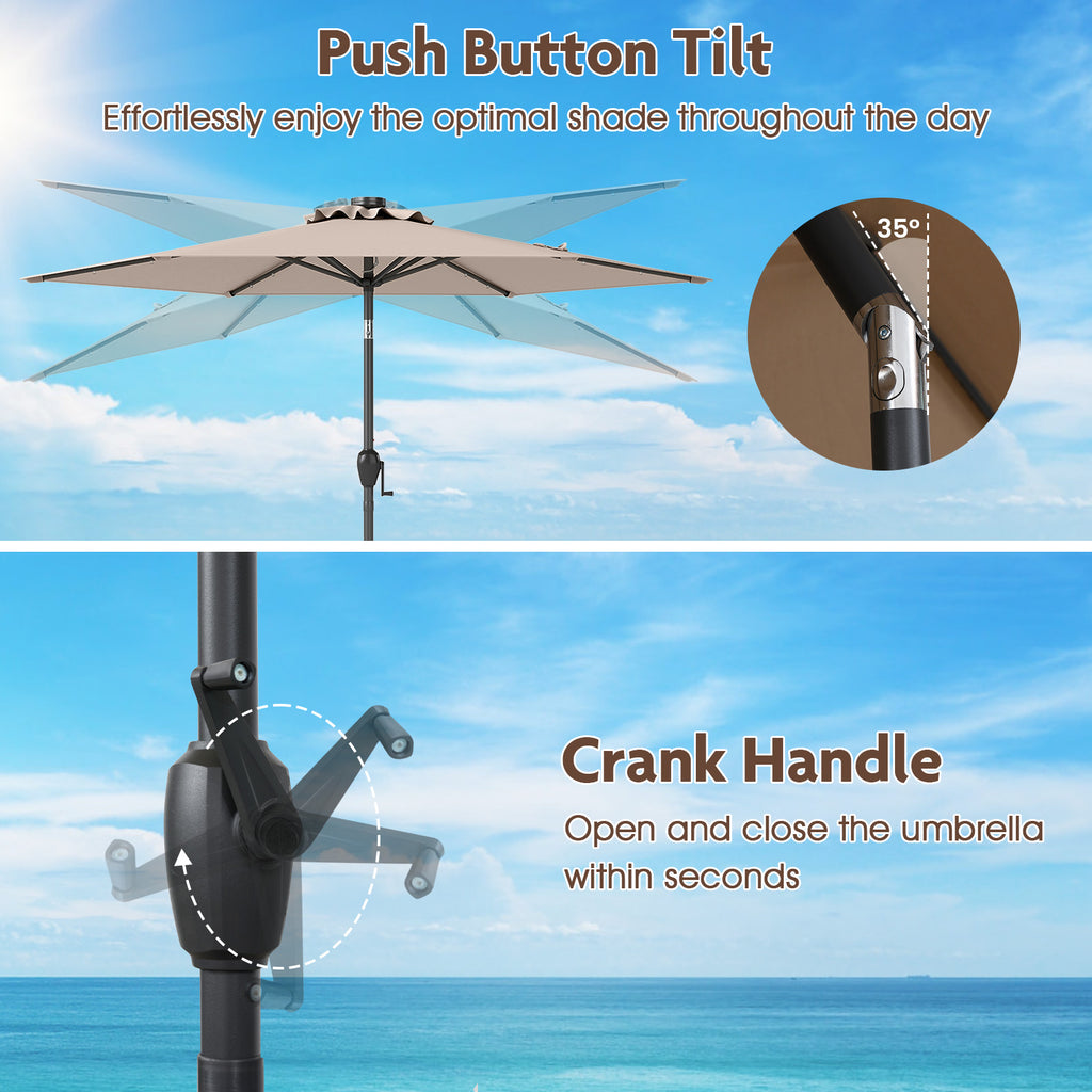 7.5 Ft Solar Patio Umbrella with LED Lights & Crank Handle - Tan