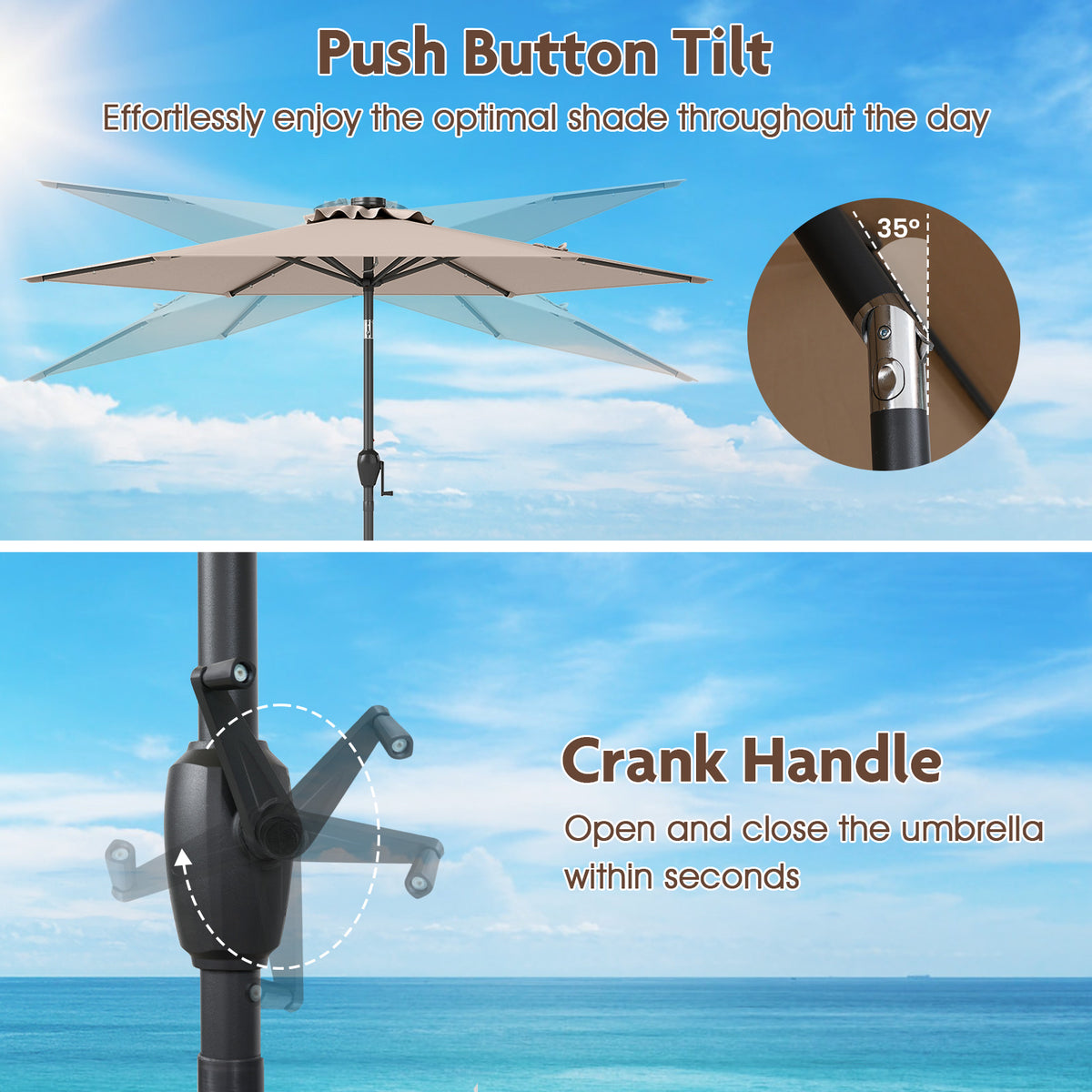 7.5 Ft Solar Patio Umbrella with LED Lights & Crank Handle - Tan