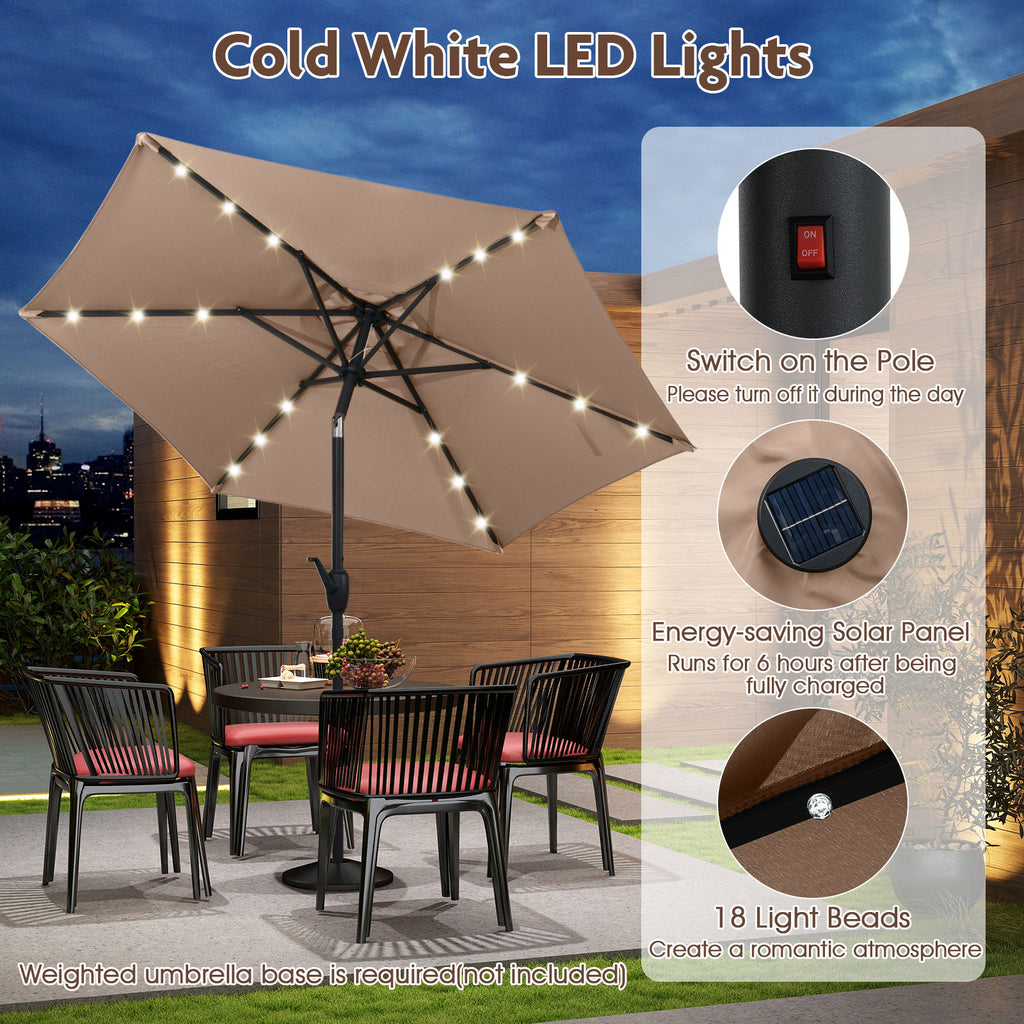 7.5 Ft Solar Patio Umbrella with LED Lights & Crank Handle - Tan
