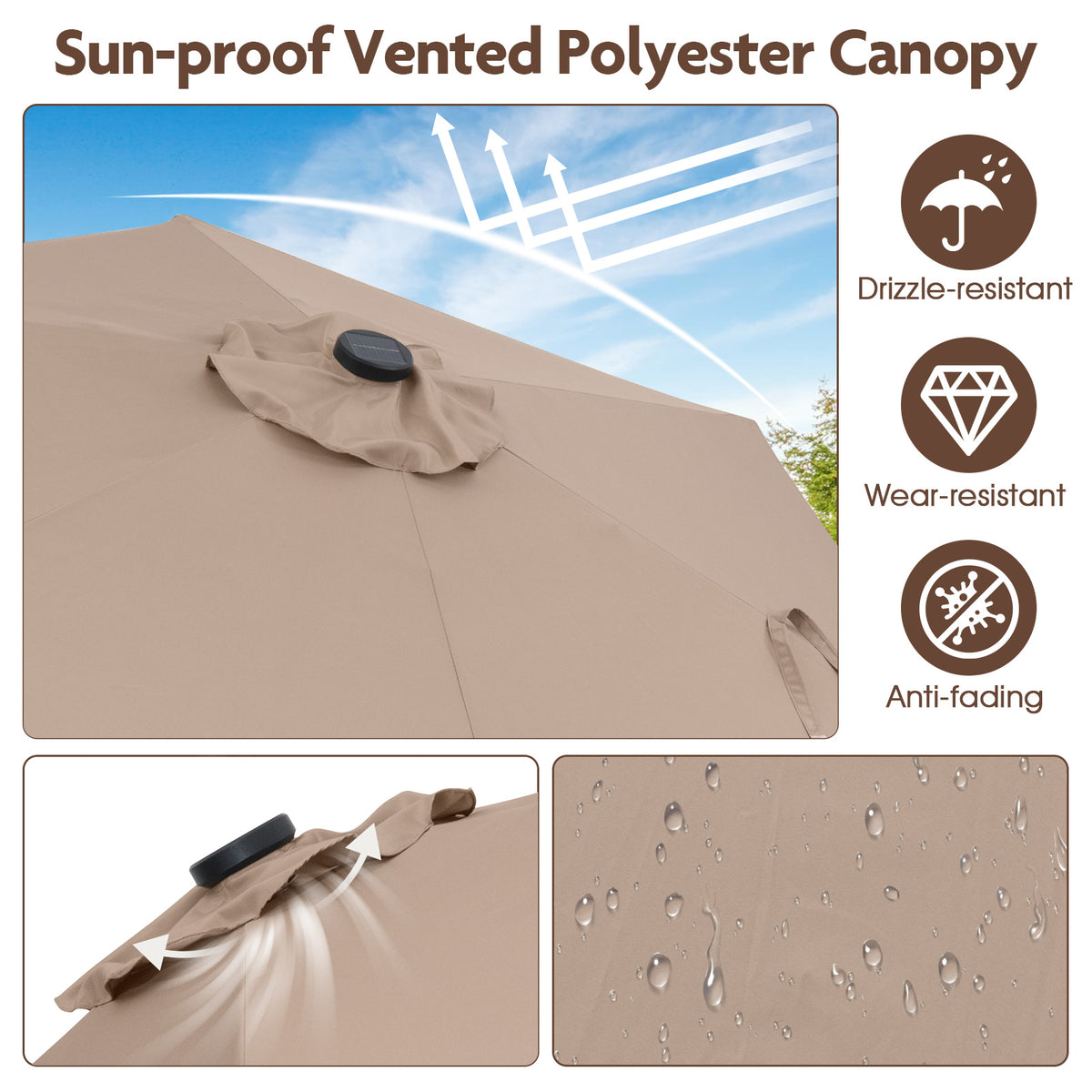 7.5 Ft Solar Patio Umbrella with LED Lights & Crank Handle - Tan
