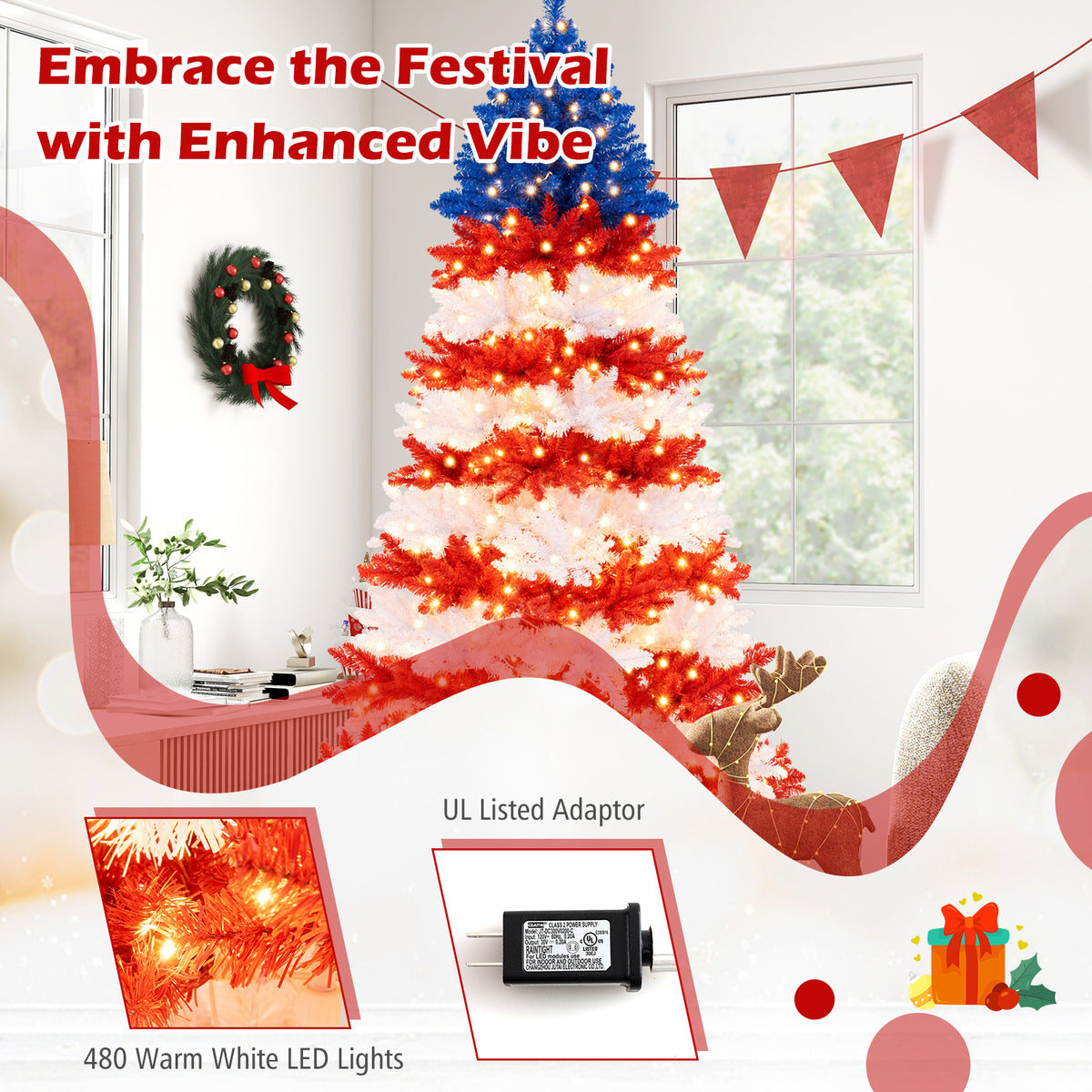 7.5Ft Artificial Christmas Tree with Warm White LED Lights - Full & Flame-Retardant