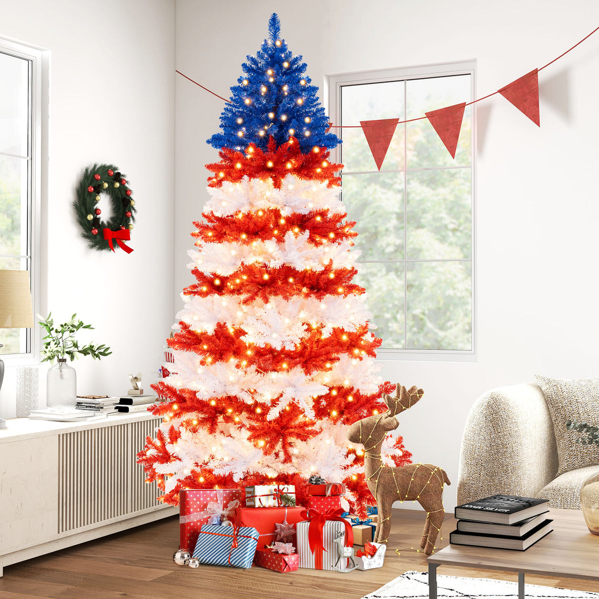 7.5Ft Artificial Christmas Tree with Warm White LED Lights - Full & Flame-Retardant