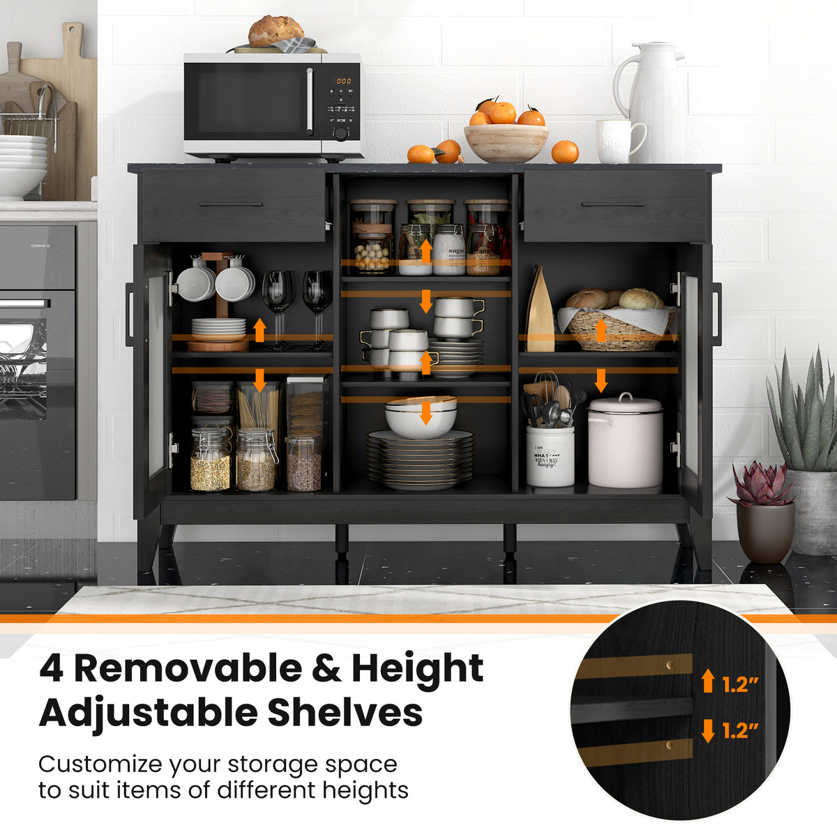 Sideboard Buffet Cabinet with Drawers & Shelves - Black