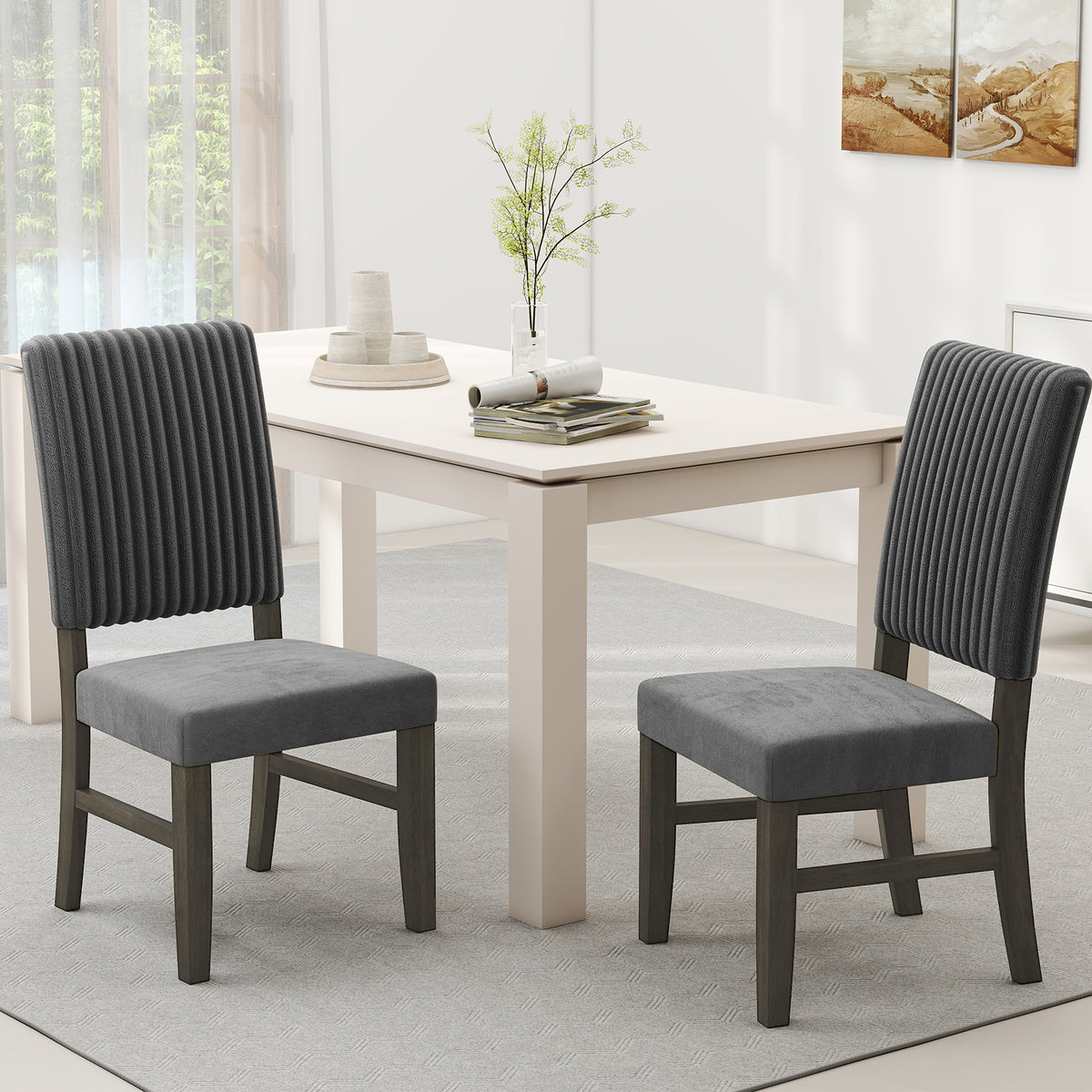Dining Chair Set of 2 Mid-Century Modern Velvet Upholstered - Gray