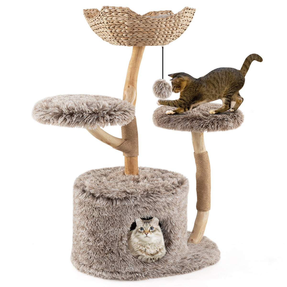 Wood Cat Tree Solid Pear Cat Tower with Perch & Sisal Posts - Brown