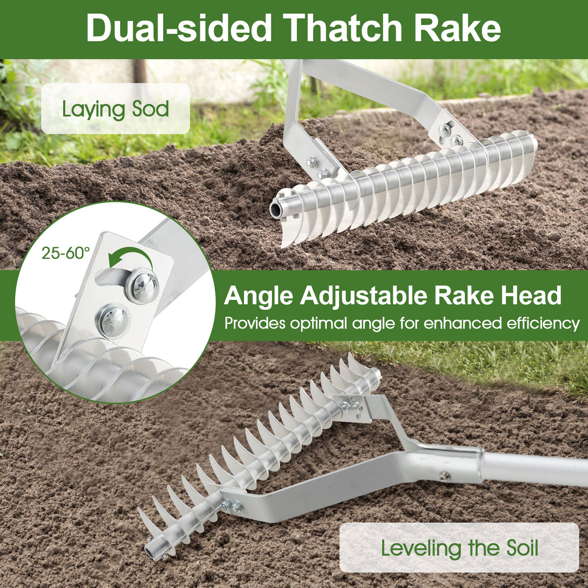 Aluminum Lawn Rake with 19 Curved Tines - 20 Inches