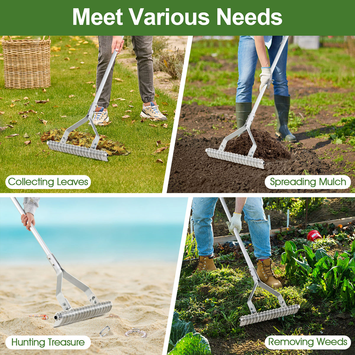 Aluminum Lawn Rake with 19 Curved Tines - 20 Inches