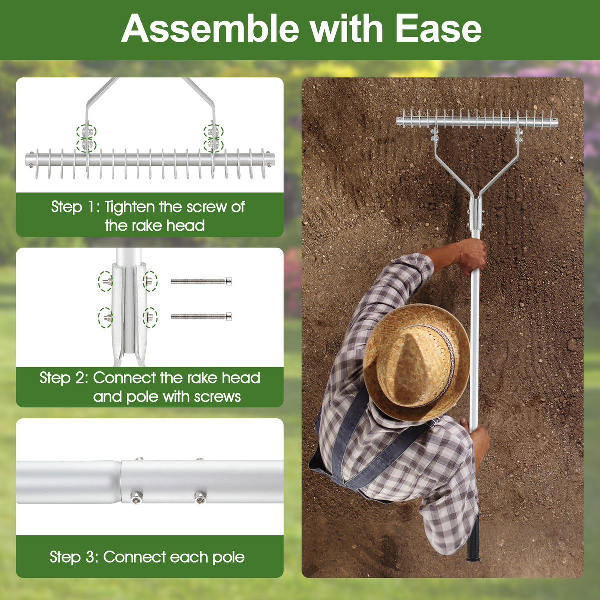 Aluminum Lawn Rake with 19 Curved Tines - 20 Inches