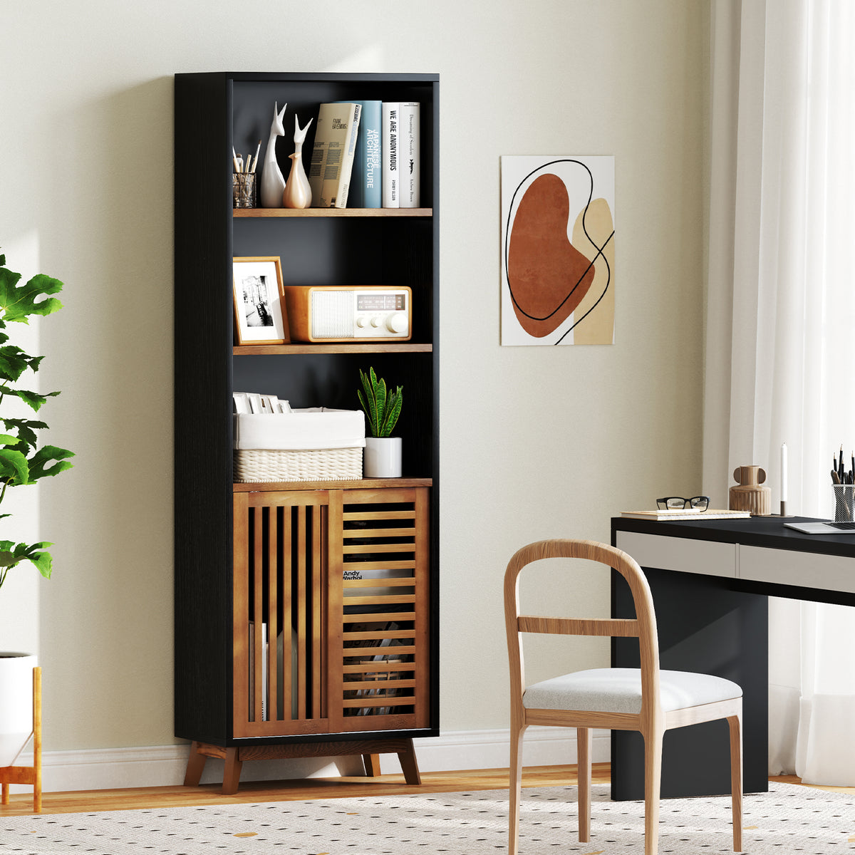 70-Inch 5-Tier Bookshelf with Sliding Doors & Adjustable Shelf - Black