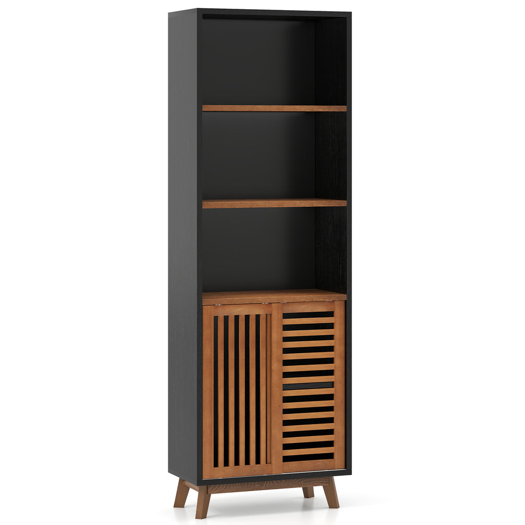 70-Inch 5-Tier Bookshelf with Sliding Doors & Adjustable Shelf - Black