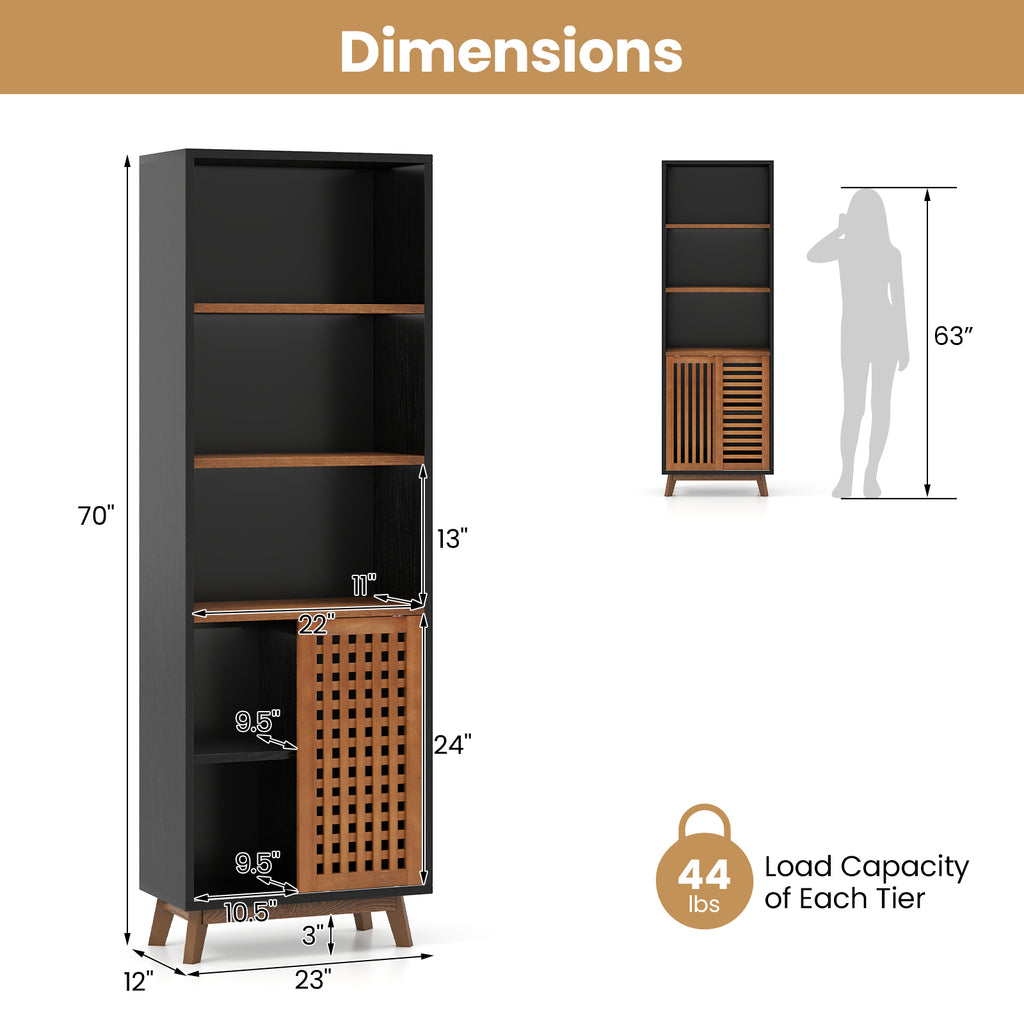 70-Inch 5-Tier Bookshelf with Sliding Doors & Adjustable Shelf - Black