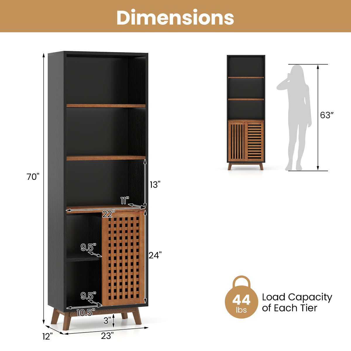 70-Inch 5-Tier Bookshelf with Sliding Doors & Adjustable Shelf - Black