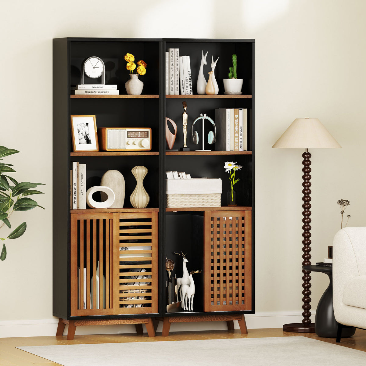 70-Inch 5-Tier Bookshelf with Sliding Doors & Adjustable Shelf - Black