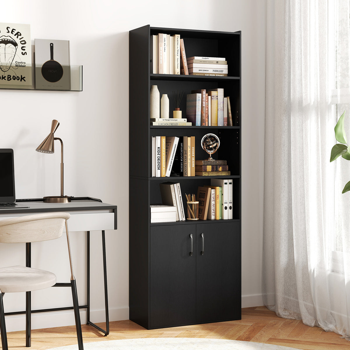 70 Inch Bookcase 6-Tier with Adjustable Shelves and 2-Door Cabinet