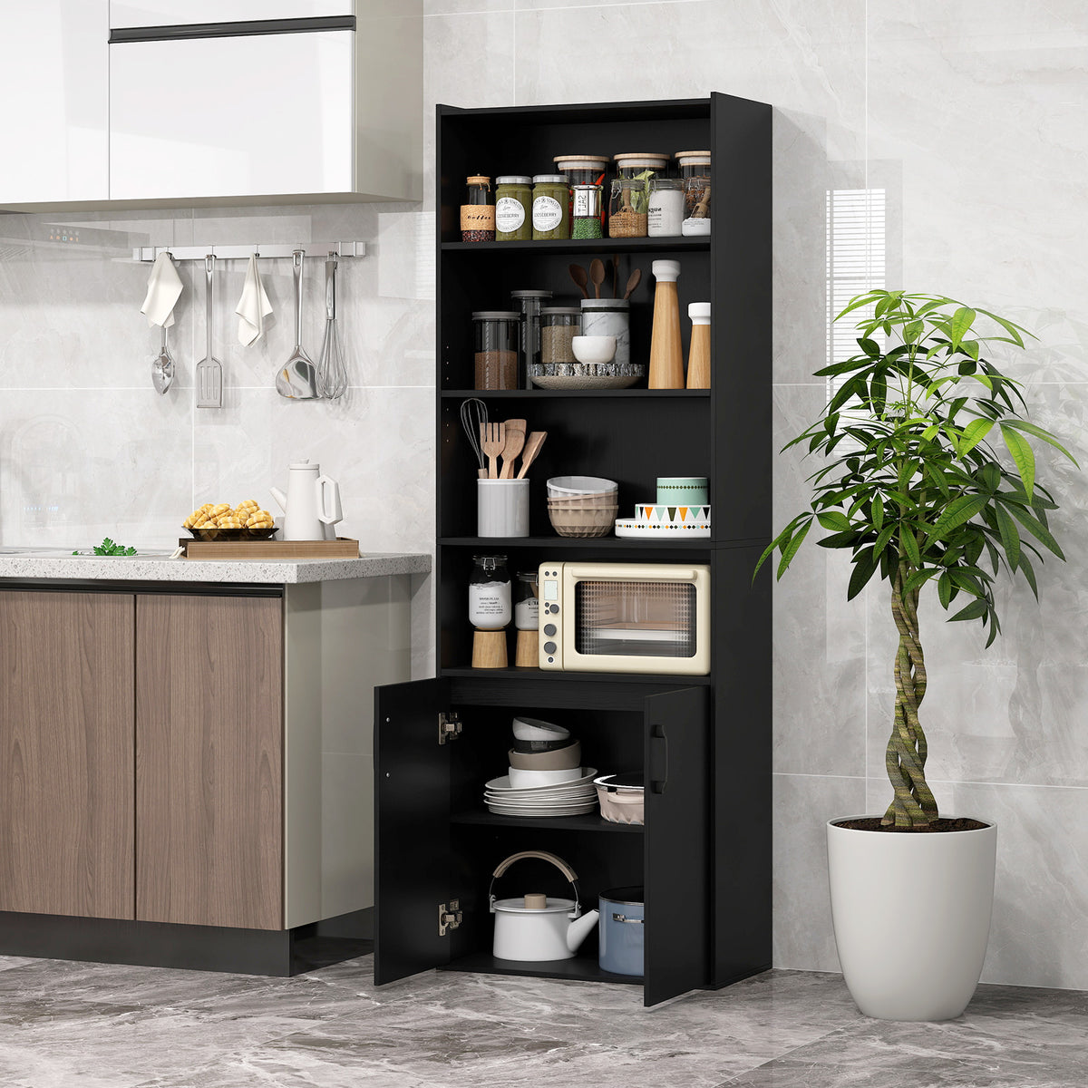 70 Inch Bookcase 6-Tier with Adjustable Shelves and 2-Door Cabinet