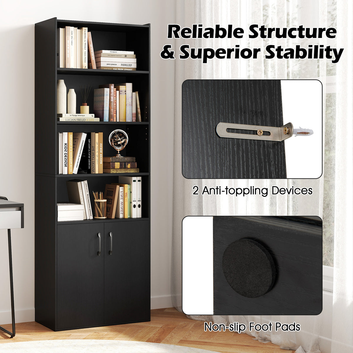 70 Inch Bookcase 6-Tier with Adjustable Shelves and 2-Door Cabinet